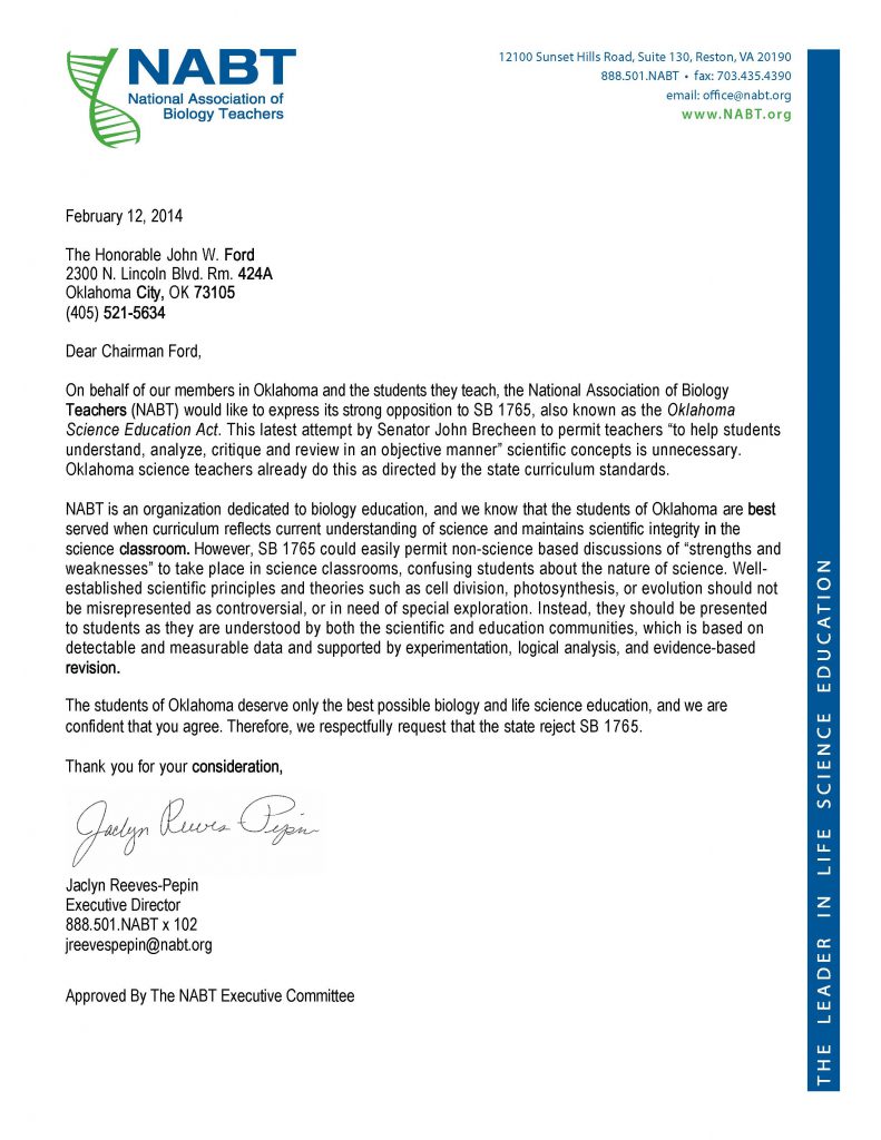 NABT Letter SB 1765